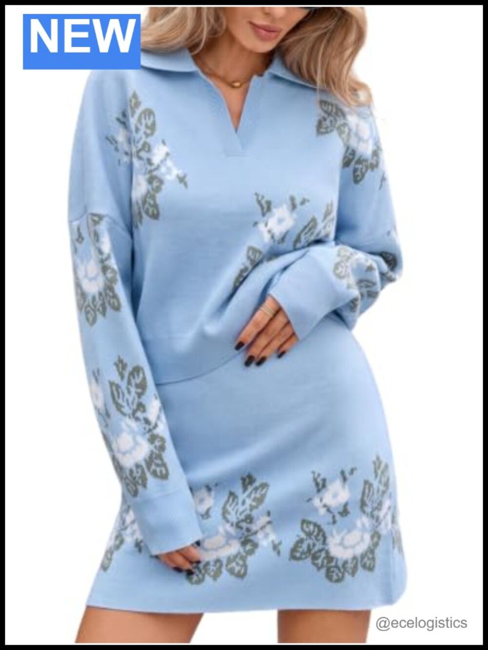 Floral Jacquard Knit Sweater Mini Skirt Two Piece Set Petite